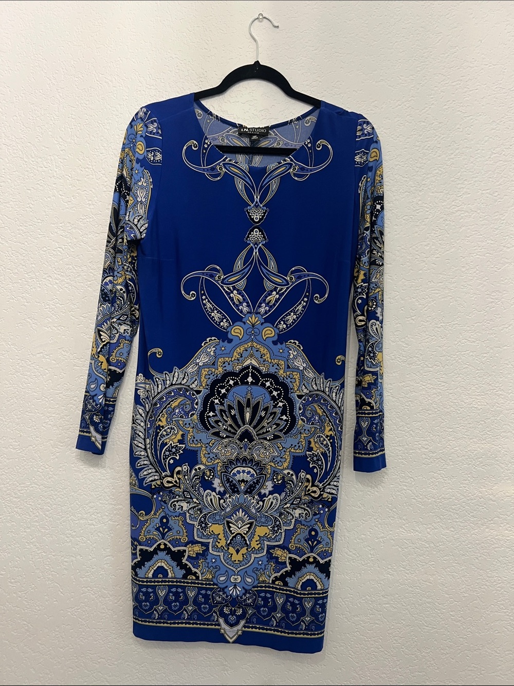 I.N. Studio Royal Blue Paisley-Print Long Sleeve Sheath Dress